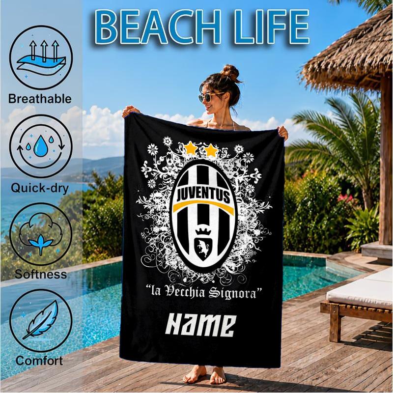 Custom Name Beach Towel Juventus Crest Microfiber Beach Towel, Lightweight for Summer Travel, Swimming Pool Fan Birthday Gift