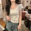 Summer Versatile Large Crew Neck Exposed Clavicle Skinny Slim Design Short Sleeve T-Shirt Women's Top