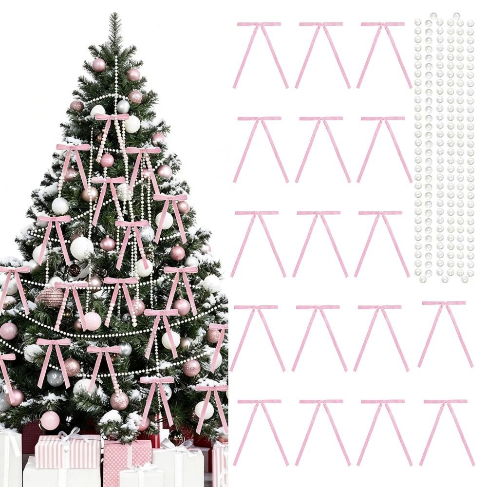 24PCS Vintage Christmas Tree Bows Velvet Handmade Wreath Bows Decoration with Pearl Chain DIY Christmas Tree Topper Ornaments