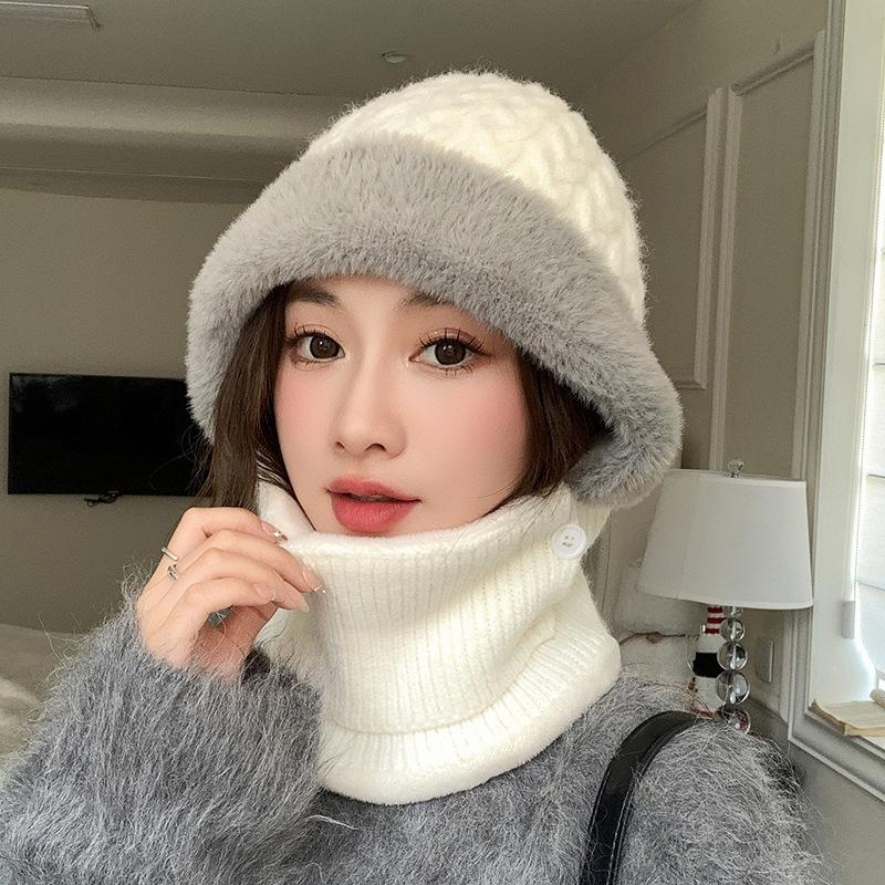 Winter Button Connected Hat Korean Version Neck and Ear Protection Knitted Warm Hat Outdoor Cycling Hat