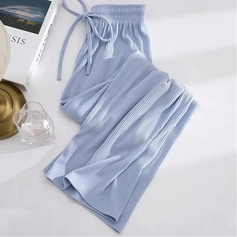 Women's Summer Ice Silk Wide-Leg Pants: One or Two-Piece Set, Korean Style, High Waist, Slimming, Floor-Length.