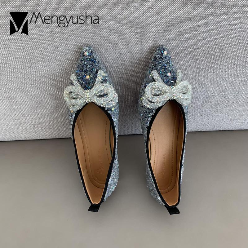 2024 Glitter Flats Shoes Woman Crystal Sequins Ballerina Shallow Pointed Toe Loafers Ladies Dress Office Bow Moccasins Ballets