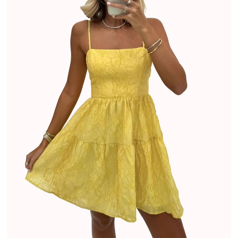 

Foreign Trade Order Sling Square Collar Expose Clavicle Jacquard Personality Fashion Lady Sexy Summer New Big Hemline Dress Yellow L