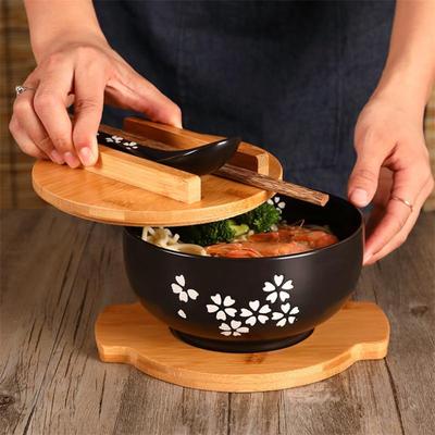 1000 ml miska na japonské rýžové nudle s víčkem, lžíce a hůlka Kuchyňské nádobí Keramická miska na salát polévková mísa Nádoba na jídlo Nádobí