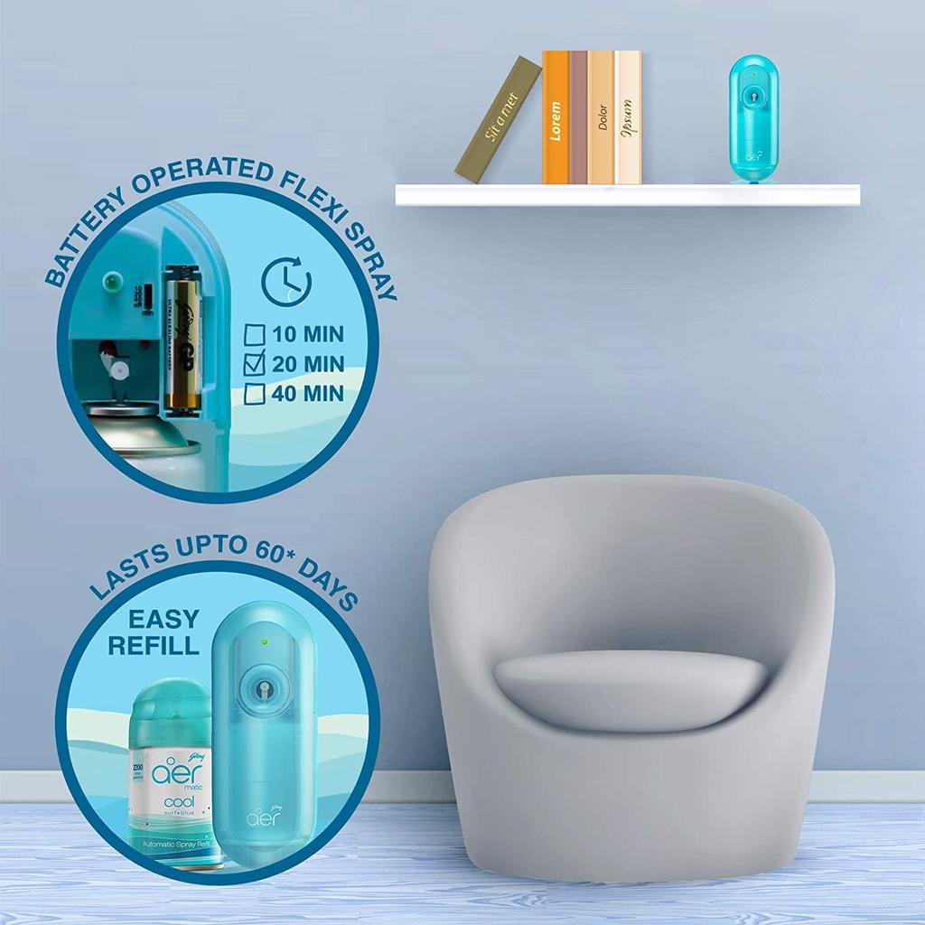 Godrej Aer Matic Automatic Room Freshener Refill Pack 210ml Cool Surf Blue 2200 Sprays