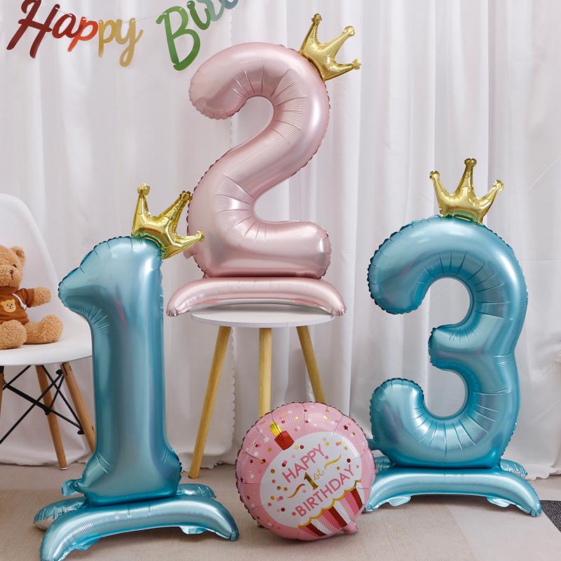42" Aluminum Foil Number Balloon with Crown Stand for Kids' First Birthday Party Decorations