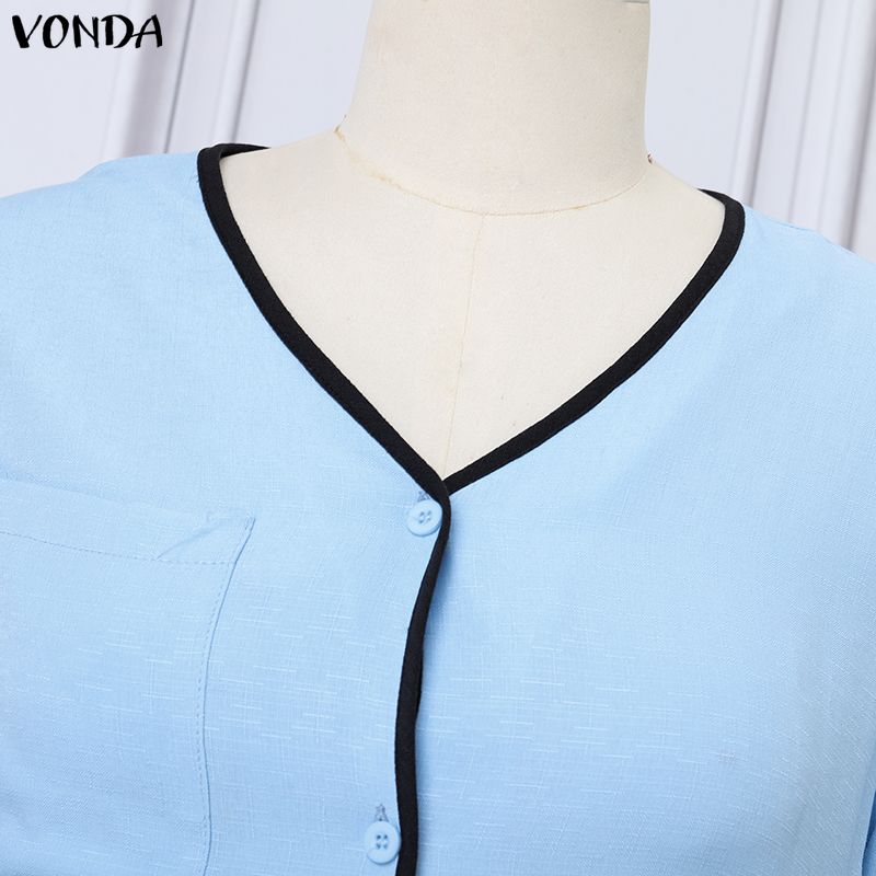 VONDA 2PCS Women Casual Long Sleeve Blouse and Pants Stitching Two Piece Suit Sets