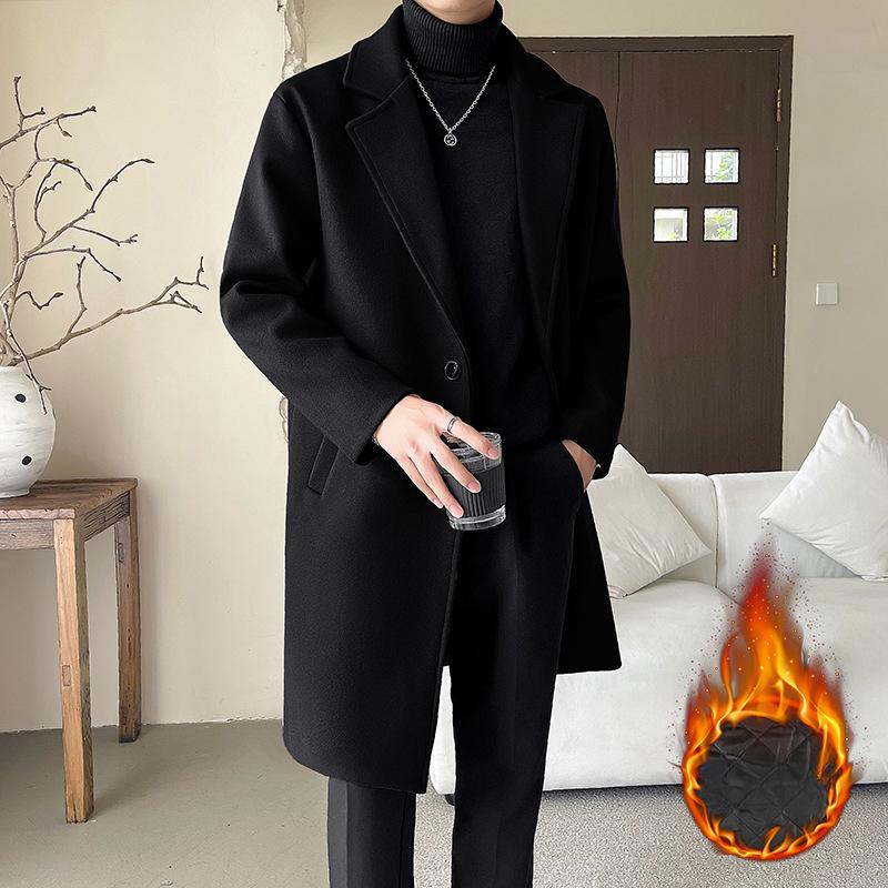 Pánský vlněný kabát střední délky volného střihu, trendy, jednobarevný, plus bavlněný kabát pro muže