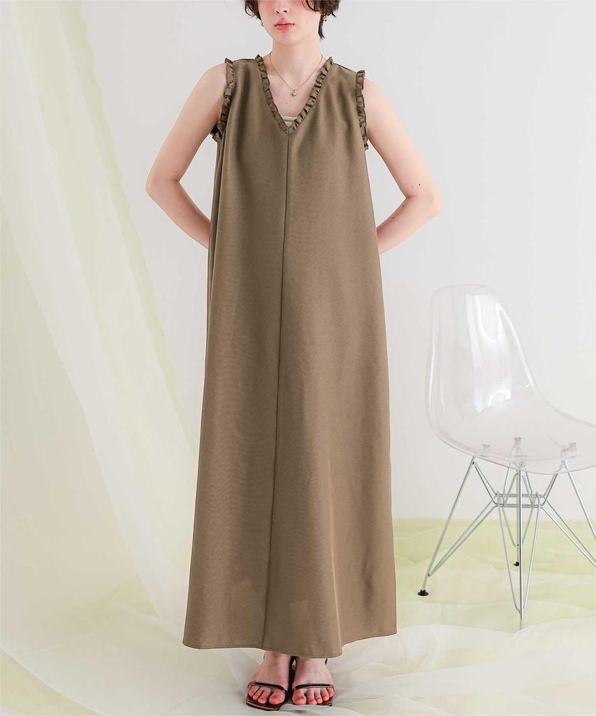Frill Design Sleeveless Dress AHXN2376 L Ivory [Titivate] Linen-like V-neck Women's