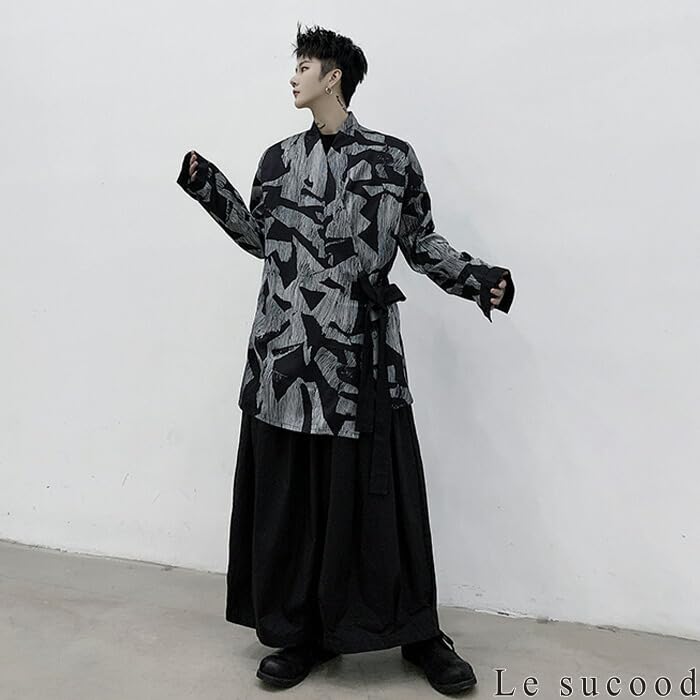 Le Sucood Monochrome Mosaic Japanese Style Shirt Long Long Shirt Loose Casual Japanese Long Street Mode Harajuku Blue Letter Style Cardigan, Shirt,