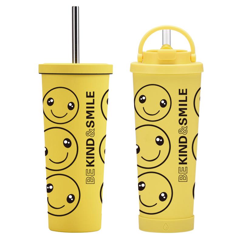 Stainless Steel Thermos Cup Yellow Smiley Face Straw Milk Tea Cup Coffee Cup Set Handle Sports Water Cup