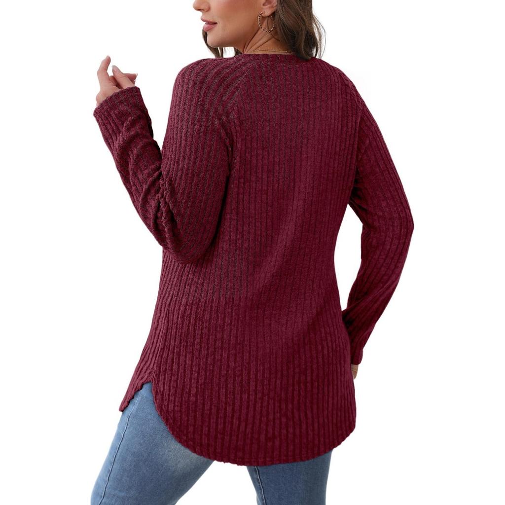 Women's Autumn New Loose Round Neck High and Low Curved Hem Top