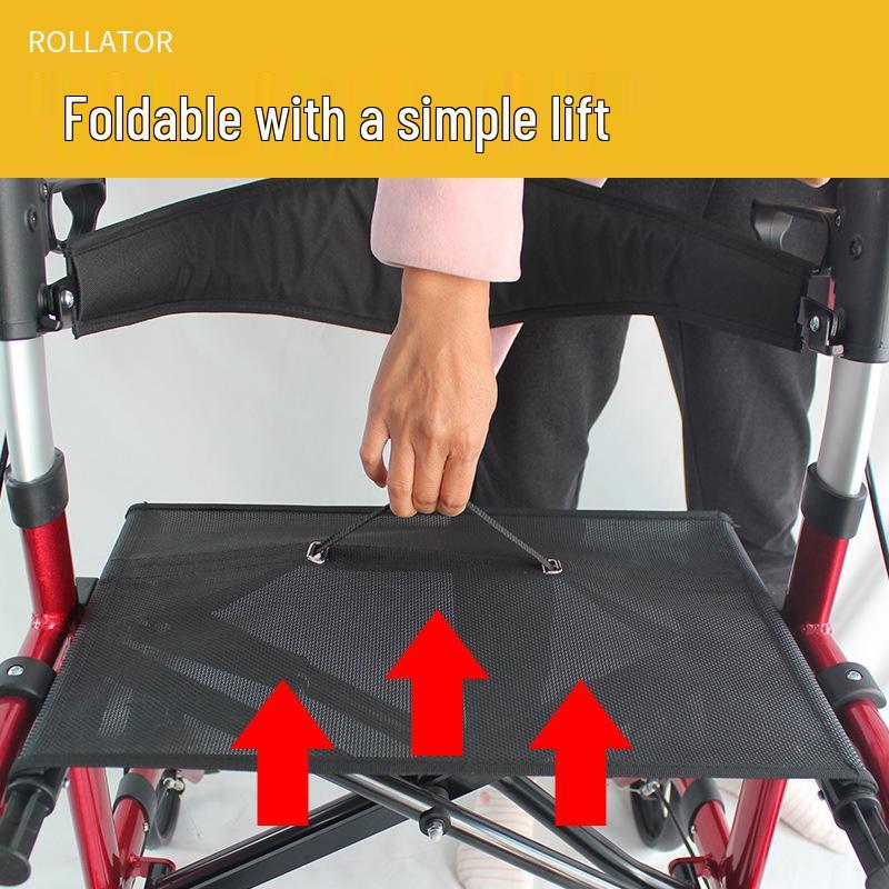 Lightweight Foldable Four-Wheel Walker with Seat and Shopping Trolley for Seniors