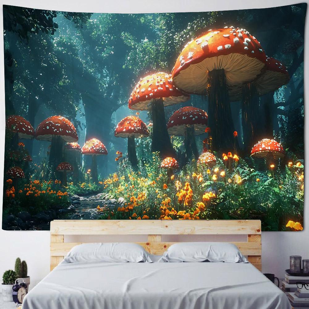 Psychedelic Mushroom Tapestry Fantasy Starry Forest Landscape Art Wall Hanging Mandala Boho Room Decor Yoga Mat Sheet