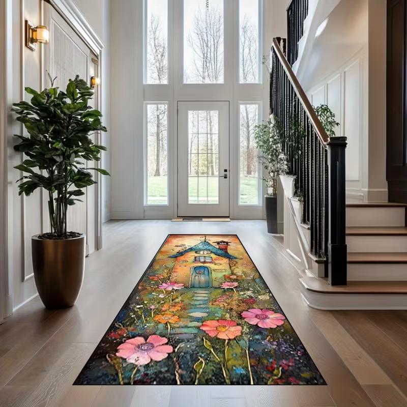 Alfombra de Pasillo Geométrica Oscura, Alfombra de Patrón Monocromático para Pasillo y Corredor, Felpudo Texturizado para Espacios Industriales Modernos