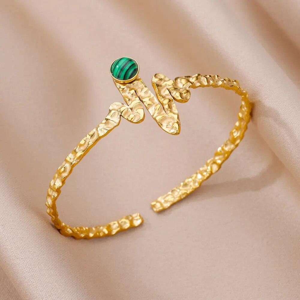 Artificial Green Stone Stainless Steel Cuff Bracelet for Women Gold Color Bangle Bracelets Female Vintage Jewelry Accessories