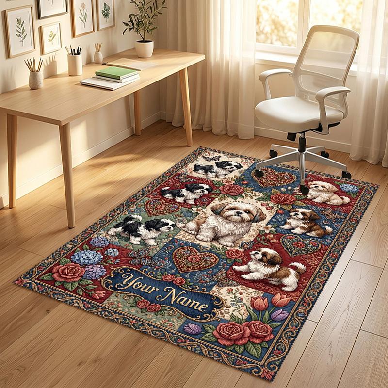 Dog Theme Crystal Velvet Rug Personalized Custom Name Text Soft Floor Mat Home Decor