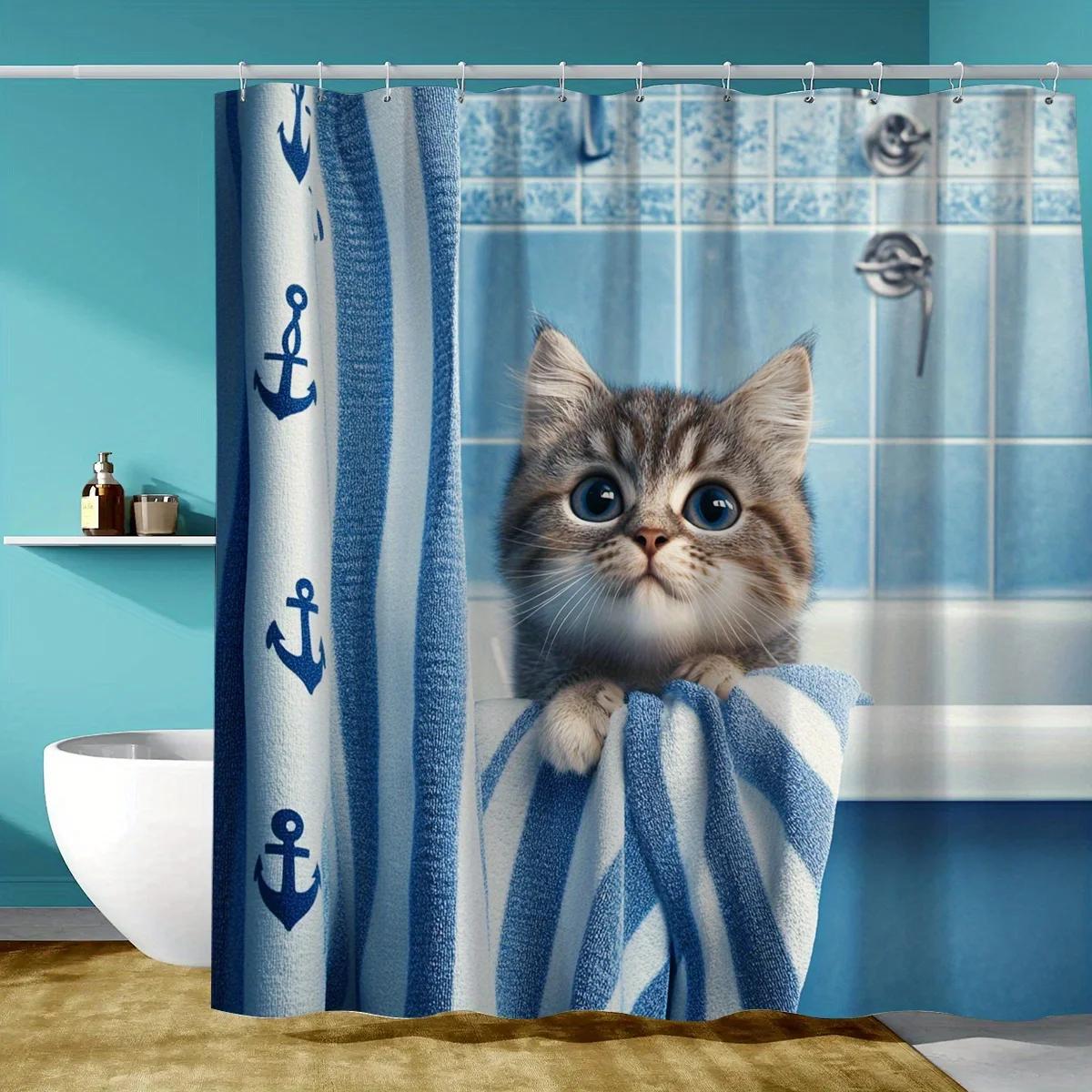 

Очаровательный котенок на морской шторке для душа - Сине-белый дизайн с якорями для уютного декора ванной комнаты, водонепроницаемая и простая в уходе W90XH180cm