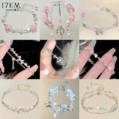 Braccialetti con fiocco a forma di cuore in argento coreano per le donne, accessori per bracciali con perline di luna, stelle e farfalle di cristallo