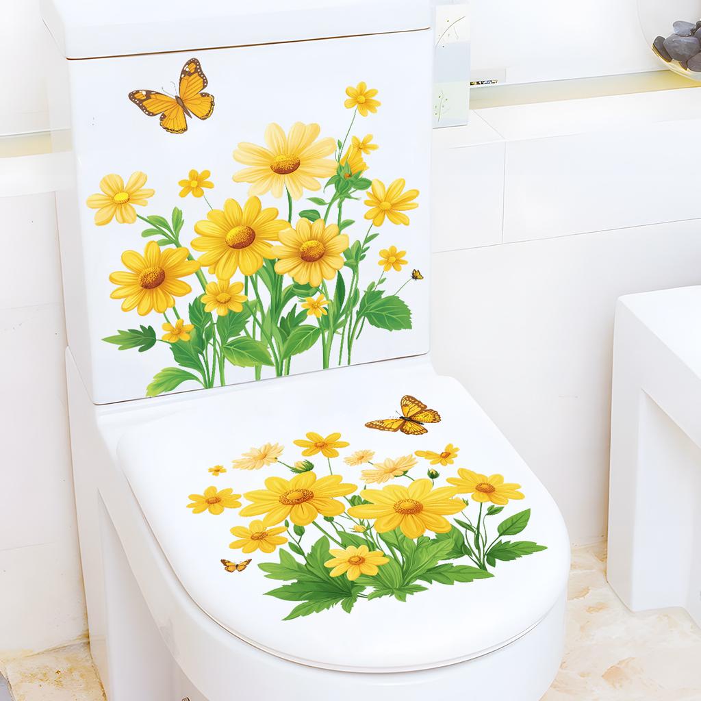 Yellow Chrysanthemum Butterfly Toilet Decoration Stickers, Bathroom Toilet Beautification Stickers