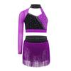 Girls Latin Dance Performance Costume One Shoulder Crop Top Rhinestones Tassel Skirt Set
