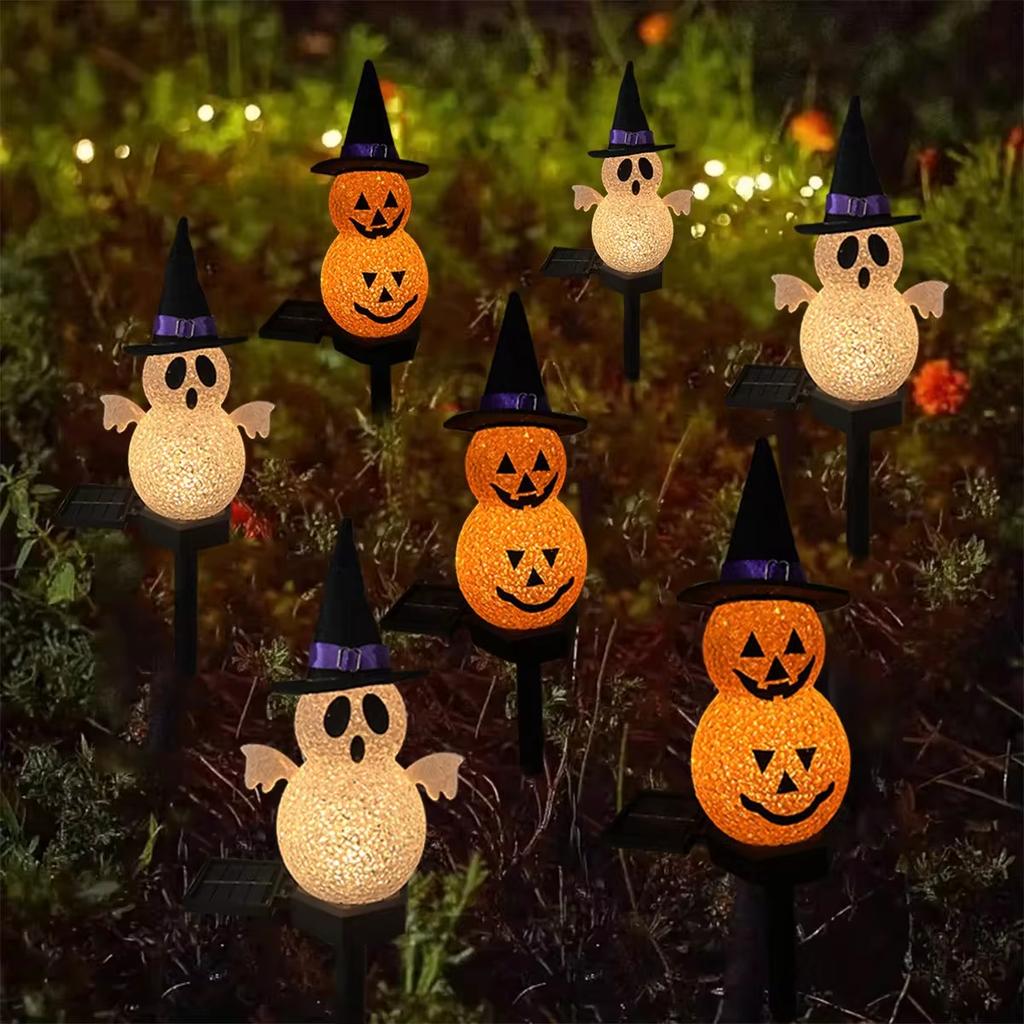 2pcs Halloween Solar Pumpkin Ghost Lights Outdoor Waterproof Halloween Atmosphere Decorations Lawn Ground Plug Light