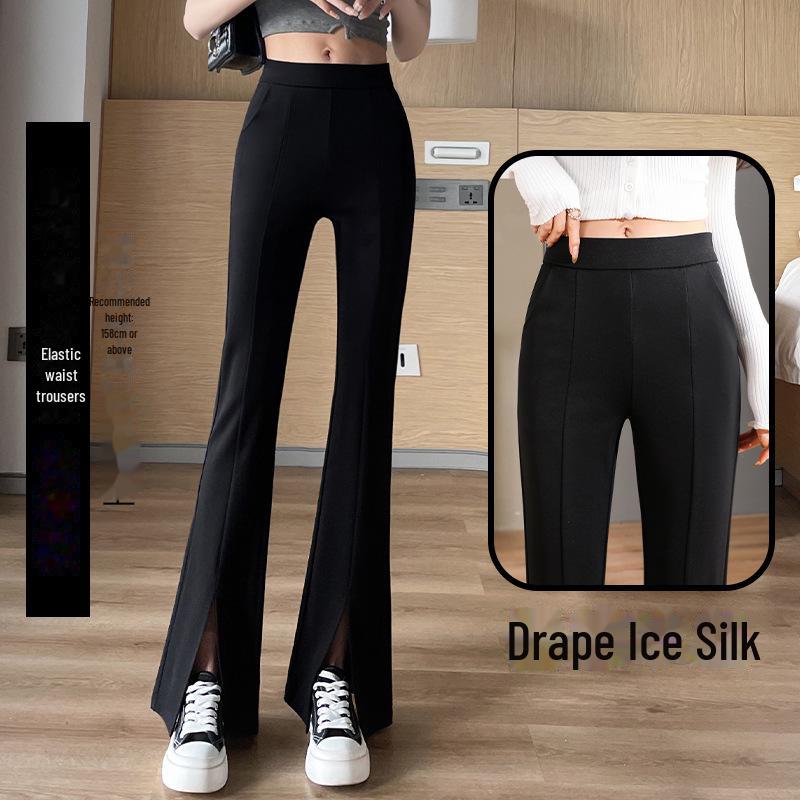

Черные расклешенные брюки с высокой талией для женщин - утягивающие, весна/осень, большие размеры, легкий дизайн с разрезом спереди M (50-55 kg)