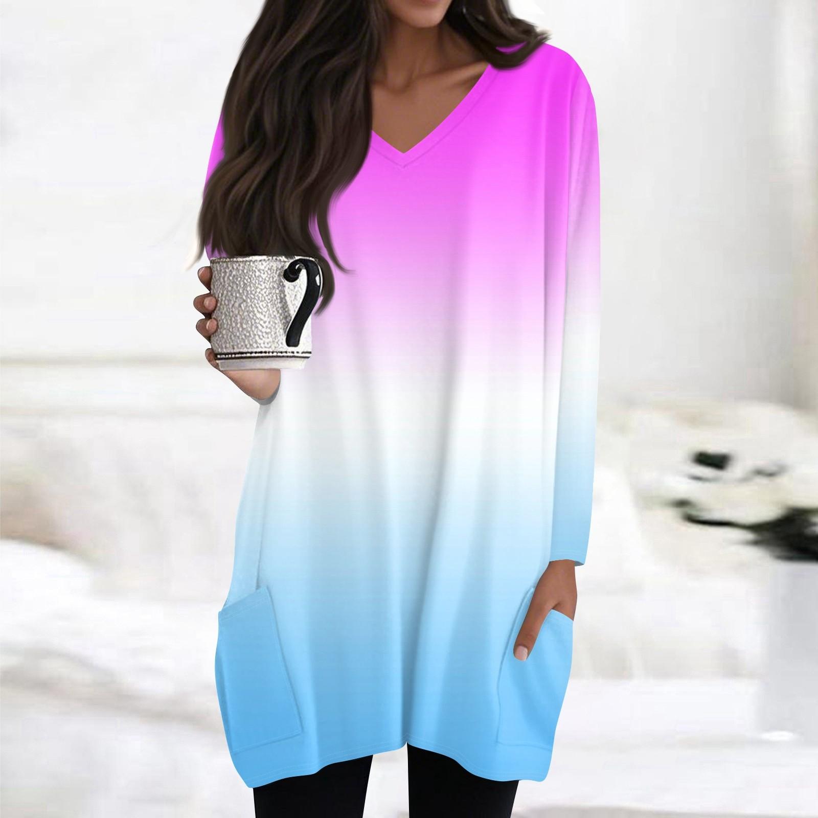 

Женские топы с V-образным вырезом и длинным рукавом, повседневные блузки средней длины, модные туники с принтом и карманами L