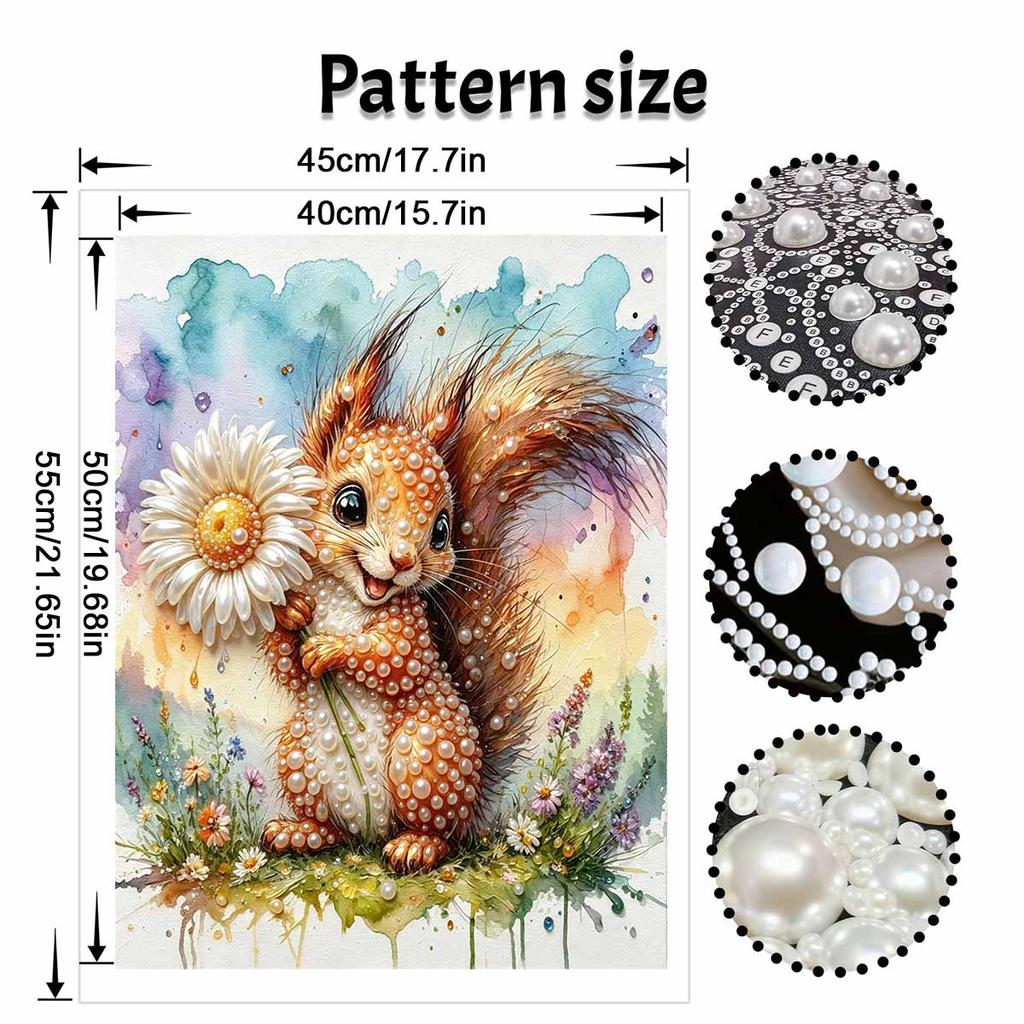 Framed Pearl Bead Painting Kit Cute Squirrel with Flower DIY Shiny Canvas Art Relaxing Craft Gift for Craft Lovers Creative Wall Decor Projects