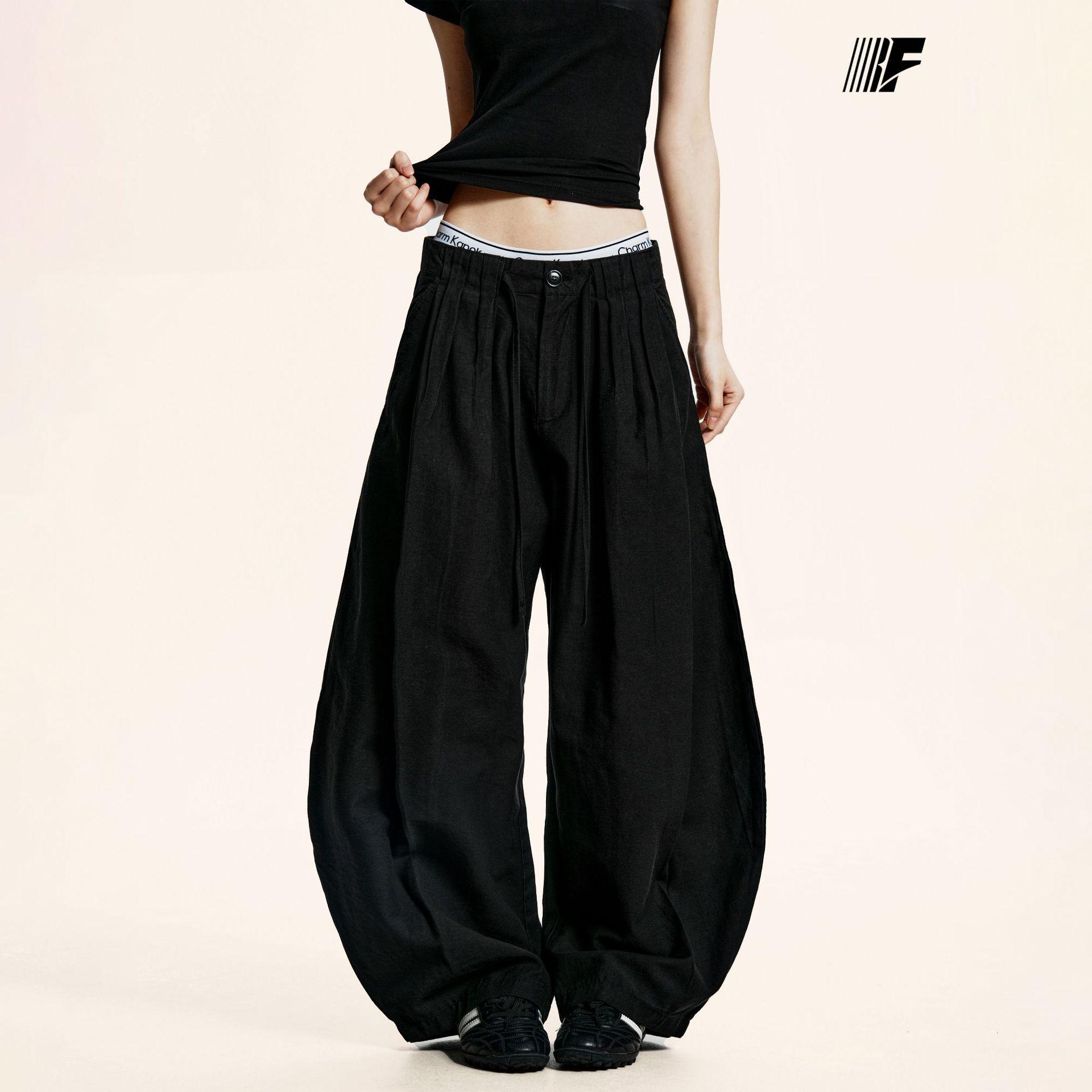 

Yongfang Unisex Floor-Length Wide-Leg Pants with Drawstring and Pleated Waist Large чёрный