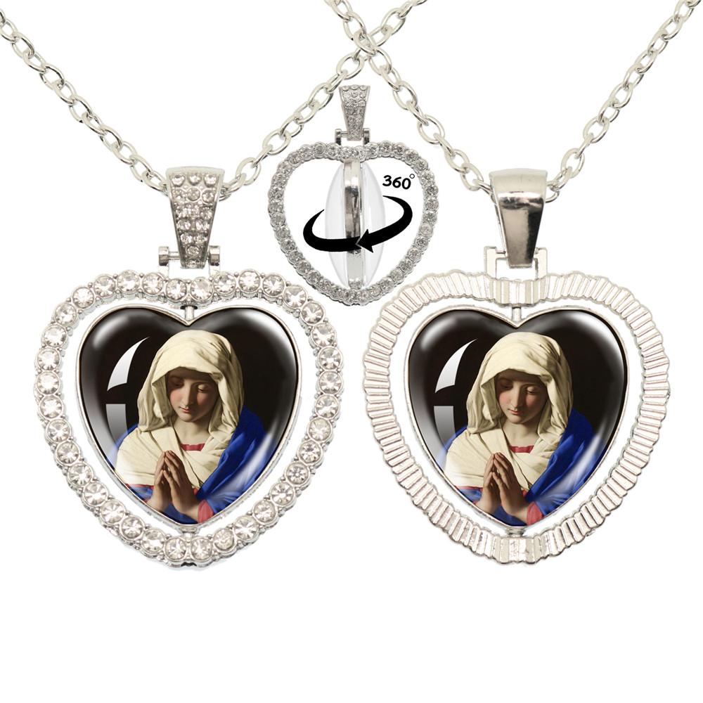 Virgin Mary And Baby Jesus Christian Catholicism Art 360 Degree Rotating Peach Heart Glass Pendant Necklace Jewelry Gift