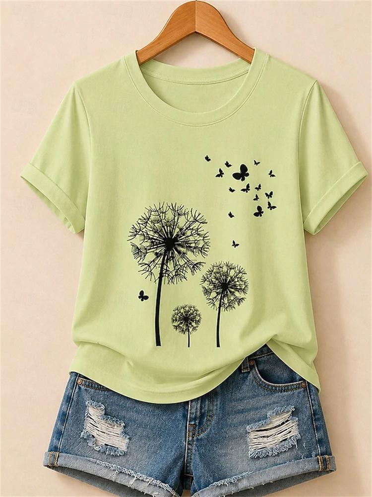 New Women Casual and Fashionable Short-Sleeve T-Shirt Simple Floral Print Round Neck Comfortable and Breathable Short-Sleeve Top