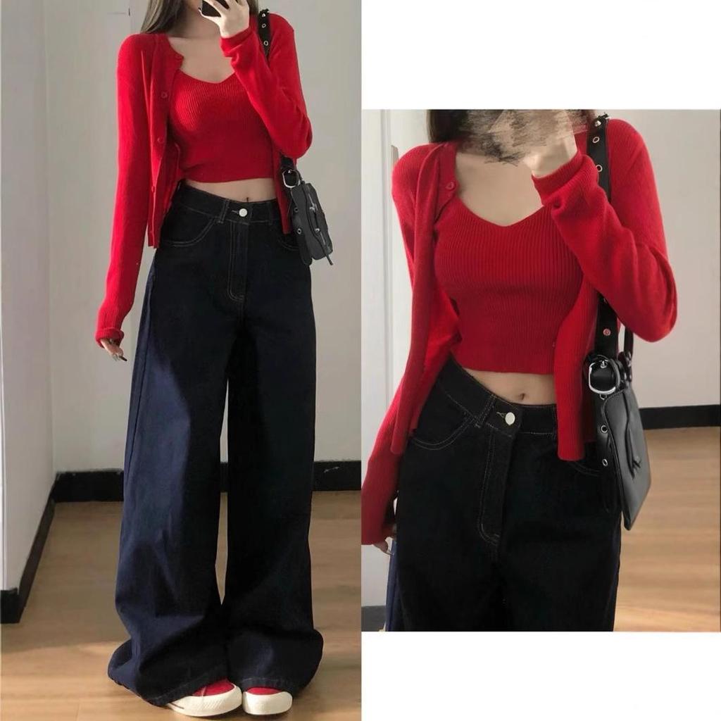 Retro Dark Blue High Waist Wide Leg Jeans – Petite Bootcut with Slimming Drape