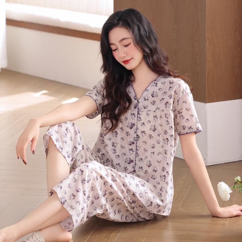 1011 New Woven Cotton Gauze Pajamas Women's Summer Cotton Short Sleeve Thin Cotton Middle-aged Mom Large Size Set