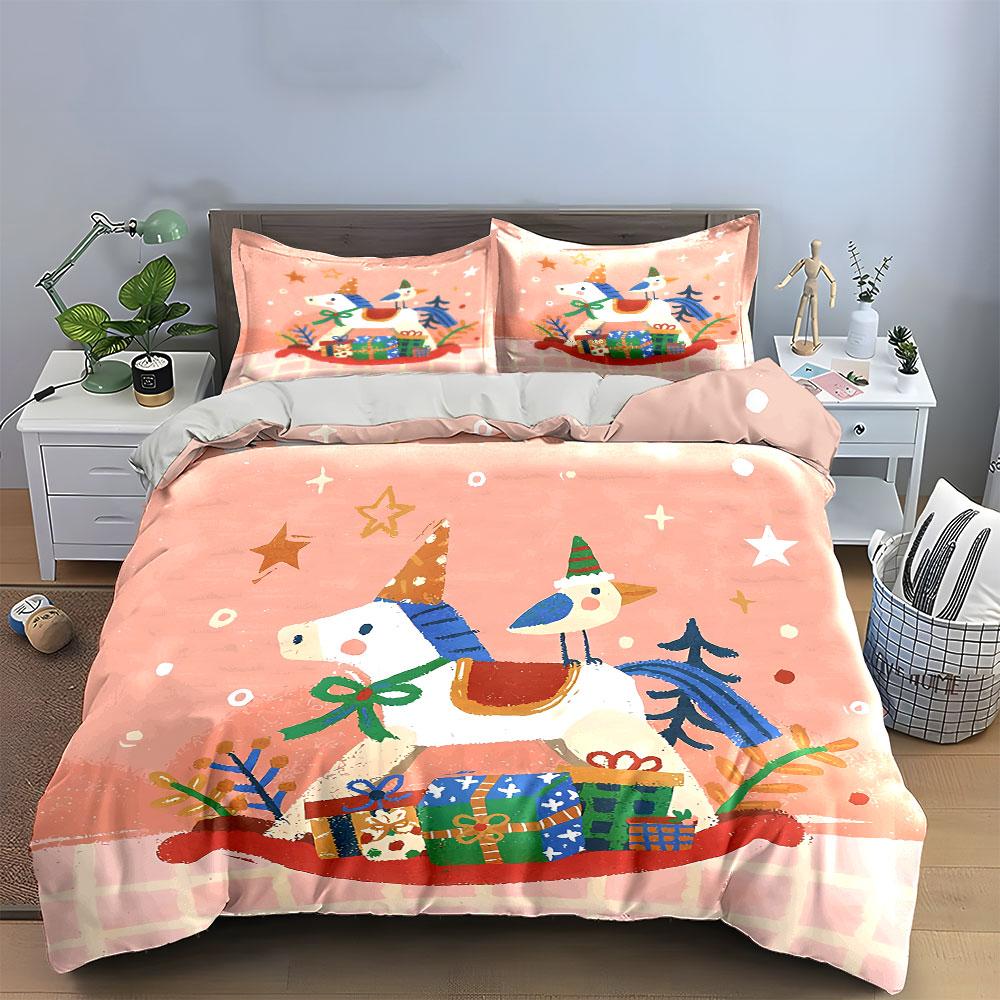 Christmas Horse and Gifts Scene Bedding Duvet Cover Set Duvet Cover Pillowcases (1*Duvet Cover 2*Pillowcases, Without Duvet Insert)