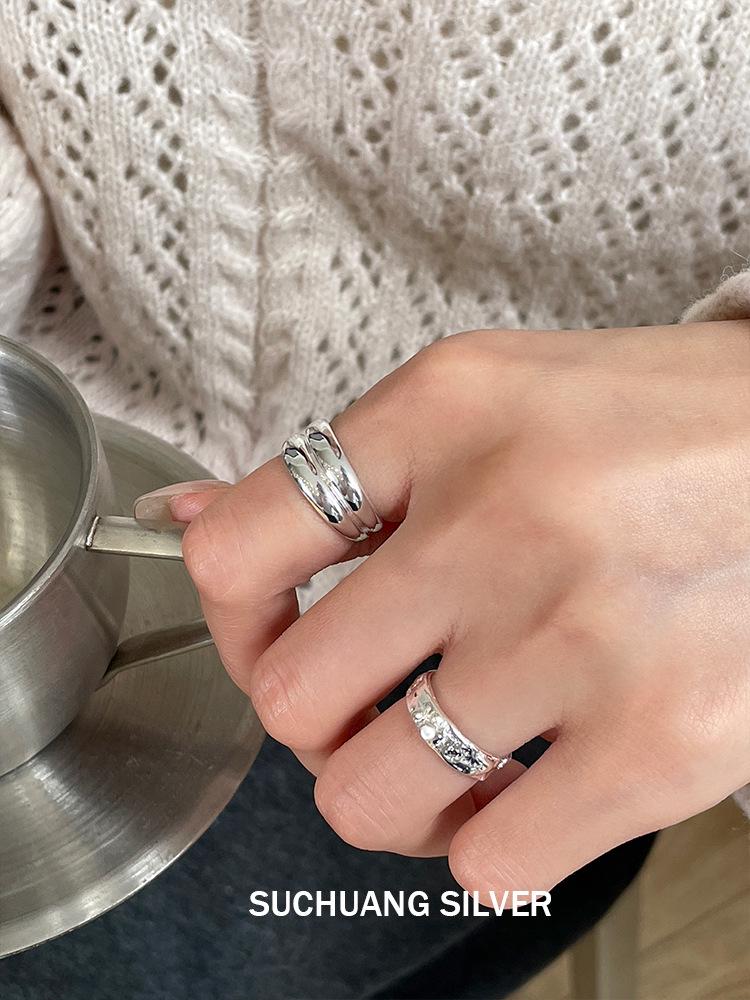 Su Chuang S925 Sterling Silver Textured Open Ring for Women - Versatile High-End Stacking Design