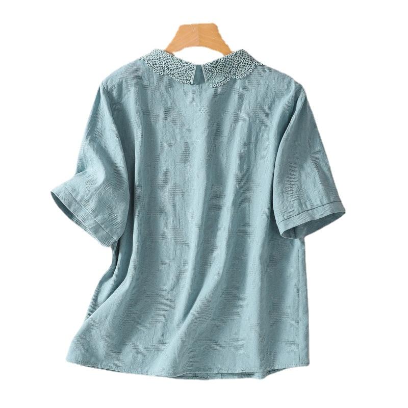 Summer Cotton Linen Top for Women Blouse Jacquard Embroidered Lace Collar Shirt