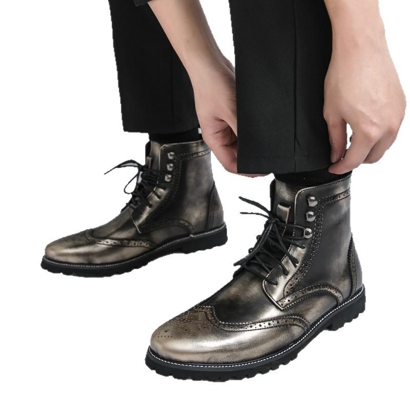 Herbst High-Top Schuhe Herren Koreanische Version von Mid-Top Lederschuhen Zhongbang Martin Stiefel Herren Britische Retro Brock gravierte Lederschuhe Herren