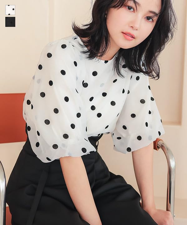 Kobe Lettuce Flocked Dot Blouse with Volume Polka Dot Sheer Shirt Size Black Sleeves, Shirt, Spring/Summer Occasion, [C7119], M,