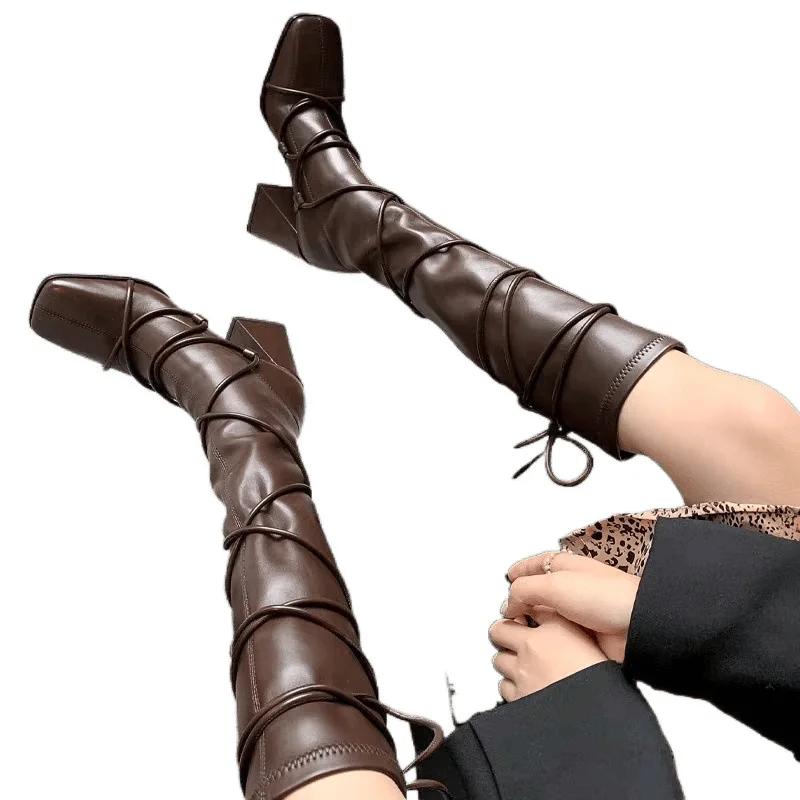 Fashion Women's Elastic Boots Autumn Winter Square Head Tie High Tube Boots Thick Heel Over Knee Long Boots Fashionable Adult Shoes