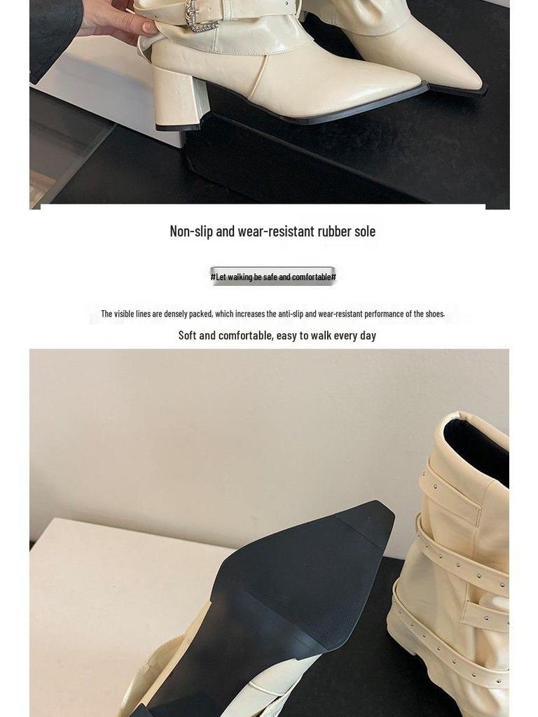 European & American Style Rhinestone Buckle Over-the-Knee High Heel Boots 2025 - Women's Autumn Pointed Toe Chunky Heel Ankle Boots.