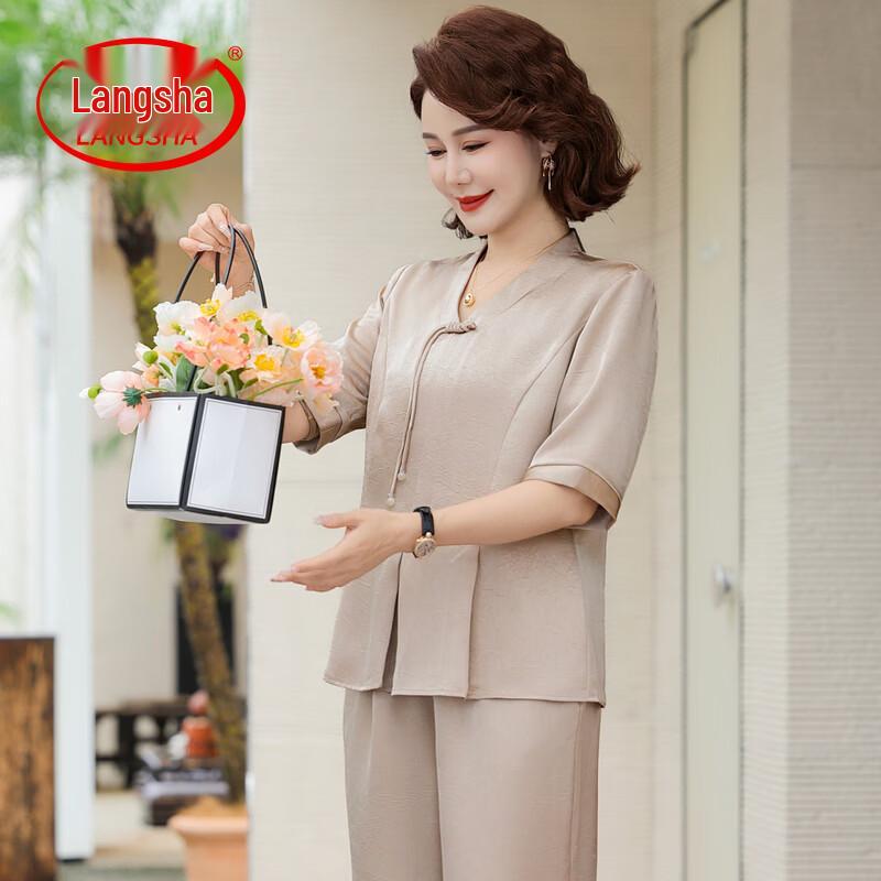 LangSha Mid-Aged Women s Stylish Summer Chinese Style Two-Piece Set 5XL