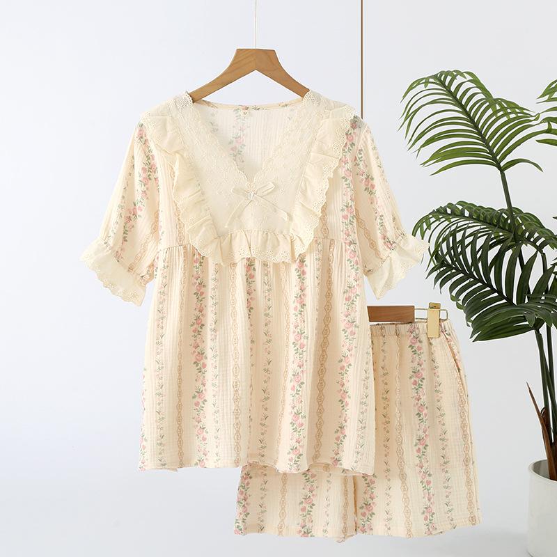 Crepe Cotton Yarn Crew Neck Print Sweet Age-reducing Women's Summer Short-sleeved Shorts Set Pajamas Loungewear