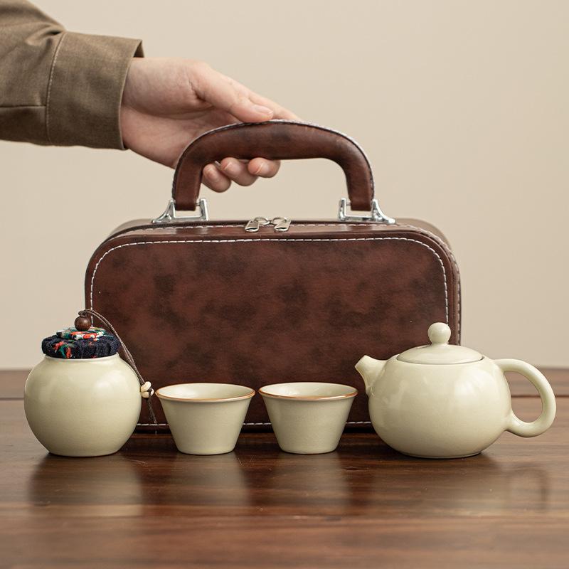 Ru Kiln Travel Tea Set One Pot Two Cups Portable Travel Bag Japanese Express Cup Business Souvenir Light Luxury