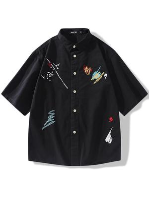Short Sleeve Shirt Heavyweight Cotton Summer Casual Outfit Loose Oversized Embroidered White Unisex Shirt Relaxed Fit and Comfort Breathable Perfect