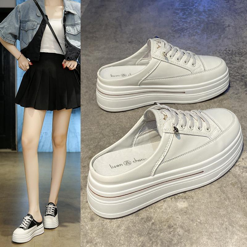 Thick-soled Bag Head Half Slippers Women's Autumn Wear New Versatile Sports and Leisure Little White Shoes To Increase the Height of Lazy Sandals