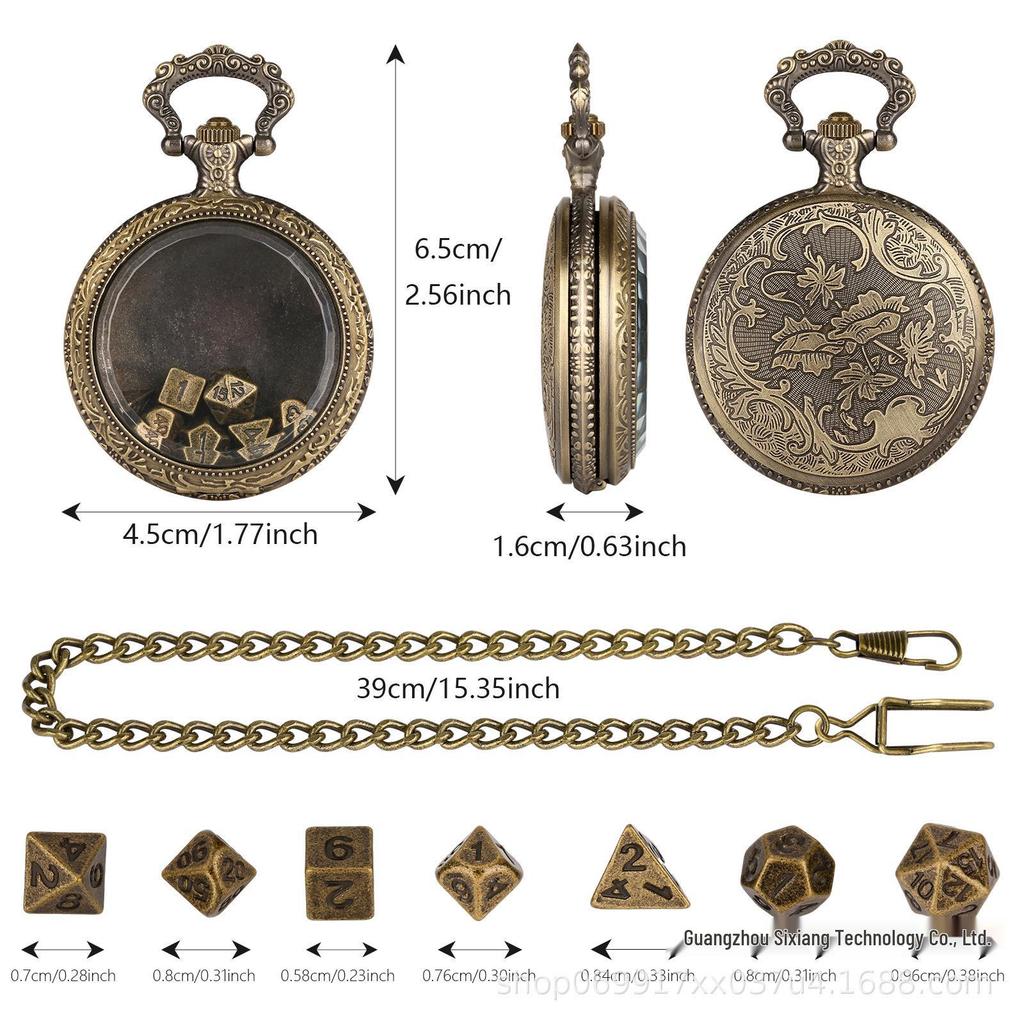 Glass Pendant Pocket Watch with DND Dice Board Game Set
