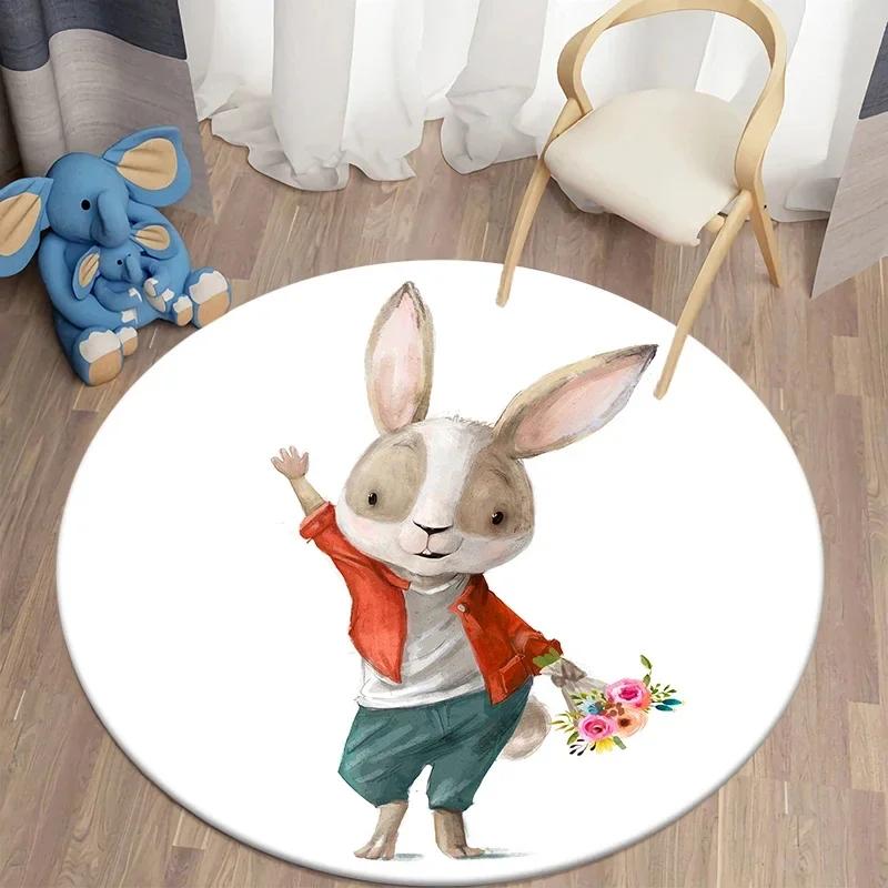 Cartoon Bunny Print Round Carpet Rabbit Area Rugs Circle Carpets for Living Room Floor Mat Polyester Anti-Slip Mats for Children
