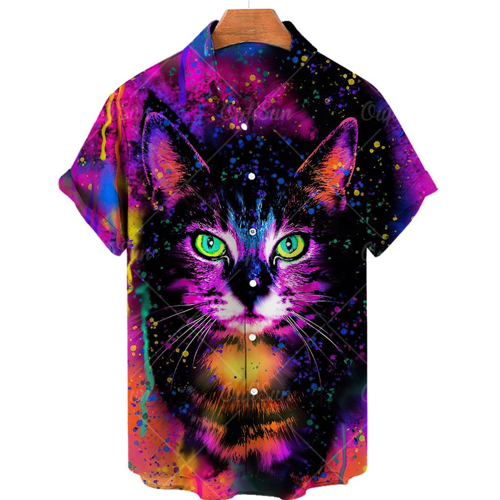 Herrenhemd mit süßem Katzenprint, lustige Anime-Katzen, Herrenhemd mit Knöpfen und Reverskragen, modisches hawaiianisches Kurzarm-Freizeithemd
