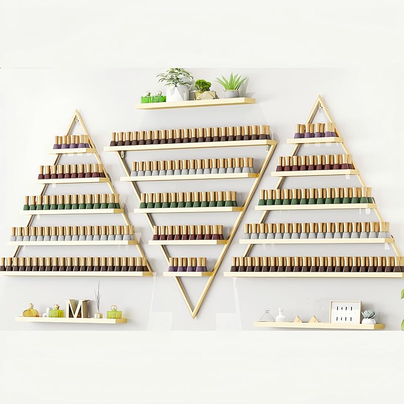 Elegant Gold Wall Mounted Nail Polish Rack - Set of 6 Triangular Cosmetic Display Shelves for Essential Oil Bottles, Organize Your Lipsticks and